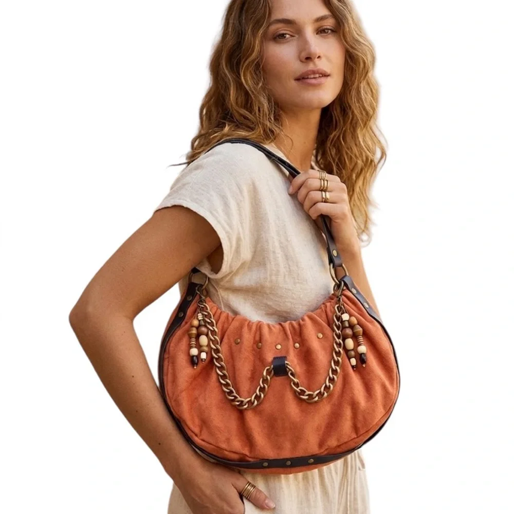 Lulu Boho Faux Suede & Leather Hobo Shoulder Bag with Chain and Bead Detailing - Picture 1 of 5